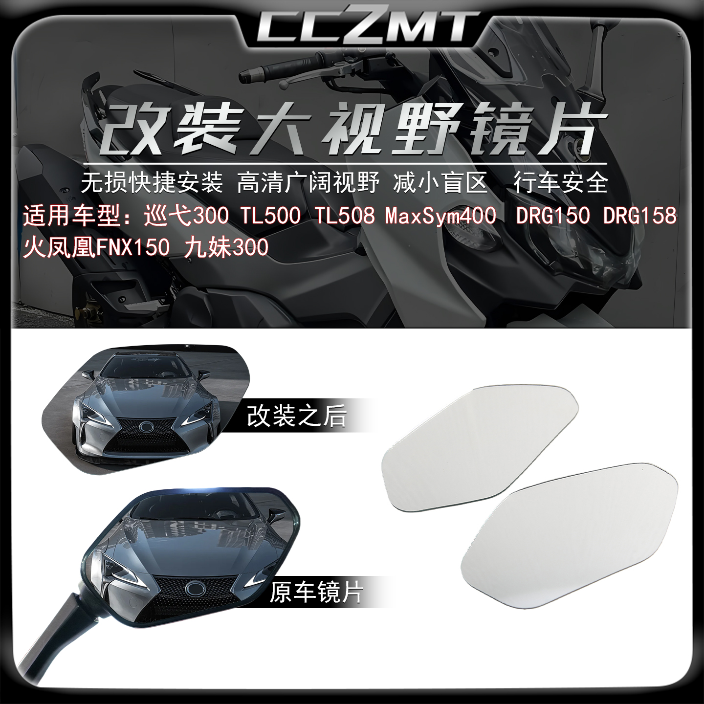 适用三阳巡弋250300大视野镜片