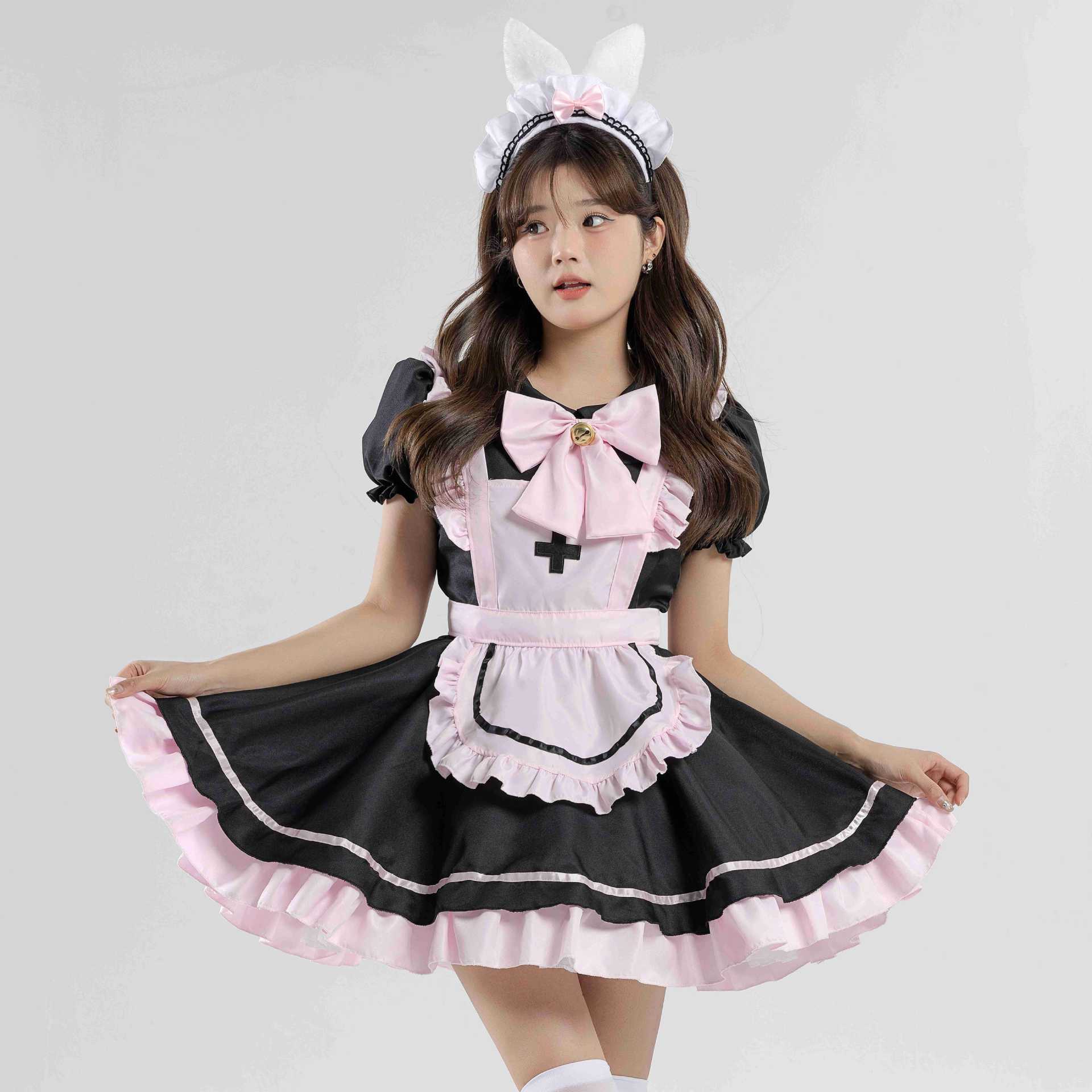 新款日系Lolita黑粉女仆装cos甜美少女可爱猫咪蝴蝶结软妹连衣裙