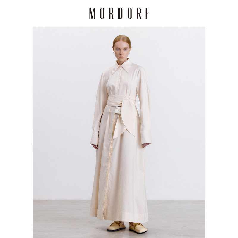 MORDORF天丝方领长袖连衣裙女设计感绑带a字衬衫长裙