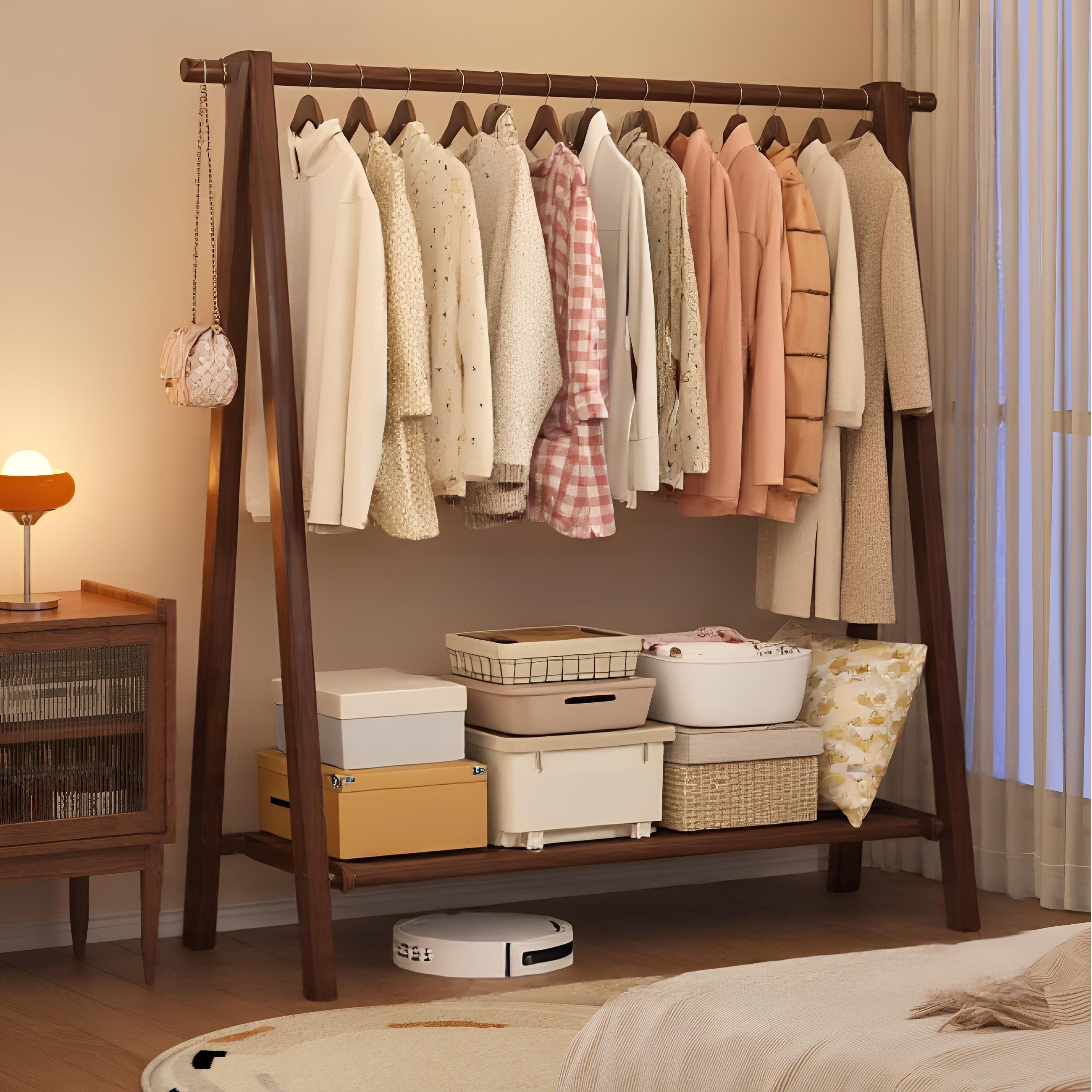 实木衣架落地卧室挂衣架家用挂衣服架子室内晾衣架简易木质置物架