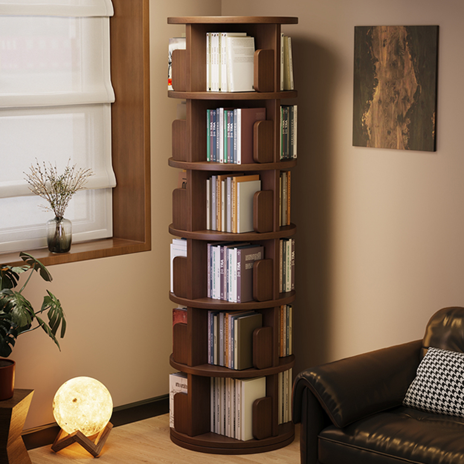 实木旋转书架多层落地置物架客厅家用360度旋转收纳架子靠墙书柜