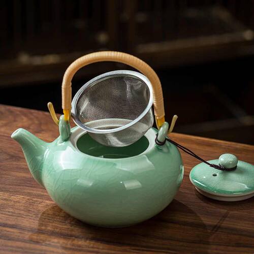 汝窑功夫茶具套装陶瓷家用哥窑茶水分离泡茶壶大容量凉水提梁壶