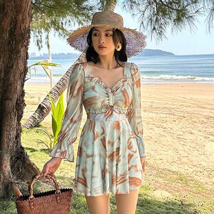 防晒胖mm泡温泉泳装 泳衣女士大码 长袖 夏遮肚显瘦裙式 连体2025新款
