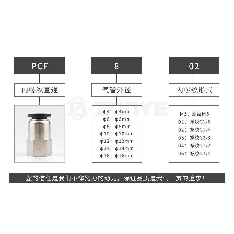 中气黑色动管快插快速接头内螺纹0直通PCF6端-01/8-02/10-3/12-04