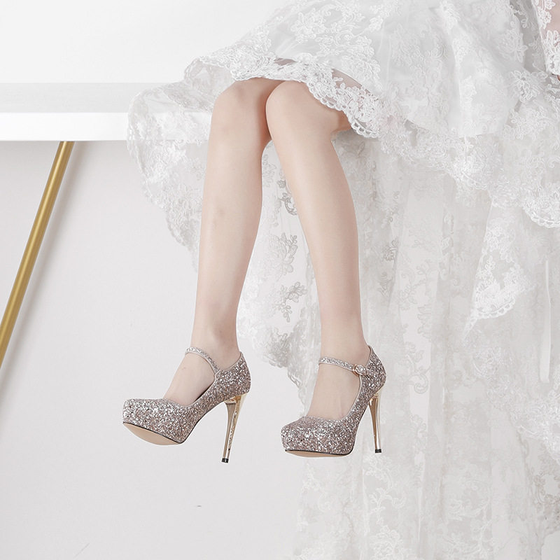 新款 媚爱婚鞋 一字扣带防水台高跟鞋亮片走秀鞋新娘结婚小码鞋女