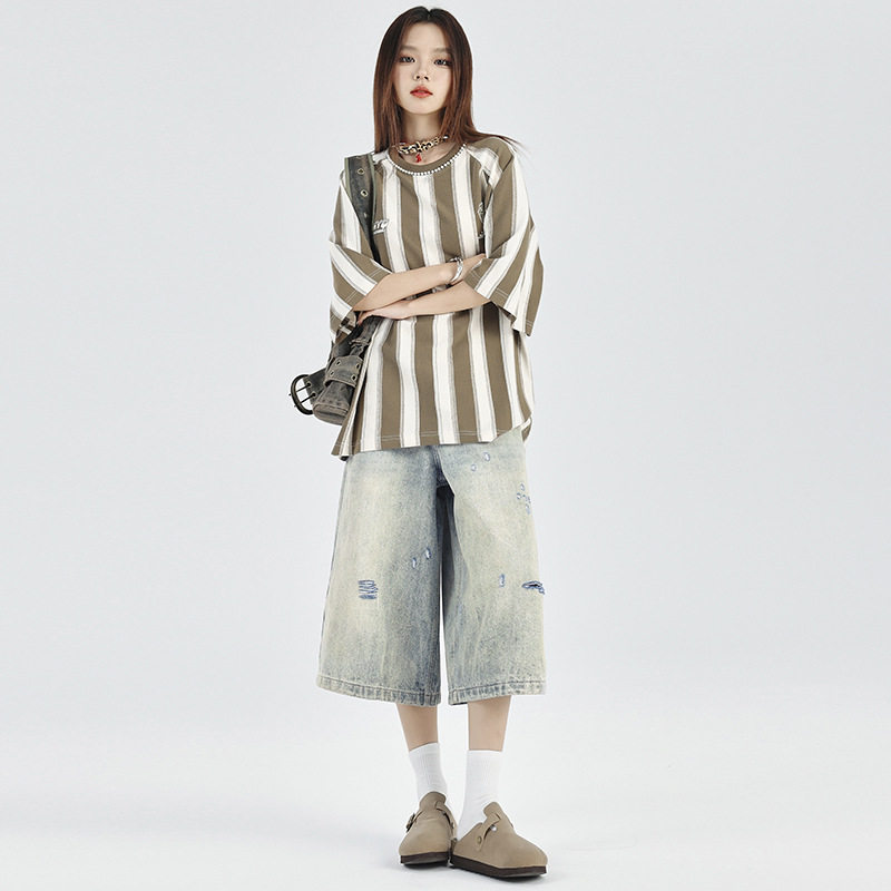 稚橘#破洞设计潮流阔腿牛仔裤女高腰宽松显瘦小众百搭直筒七分裤