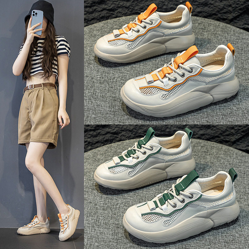 头层牛皮夏季穿新款透气网面洞洞凉鞋真皮拼色运动休闲百搭女鞋