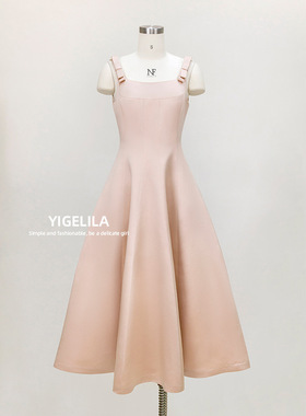 法式方领蝴蝶结香槟色伞裙无袖修身收腰连衣裙67416