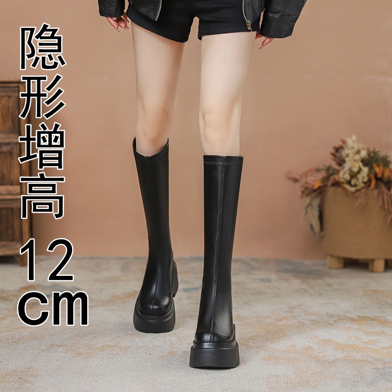 小个子粗跟2025新款长靴女厚底内12cm圆头高筒骑士靴长筒靴子
