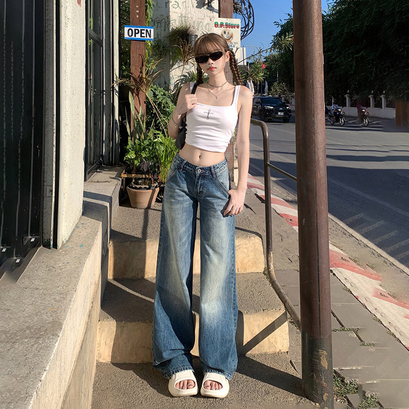 橙绢女装#美式辣妹微喇叭牛仔裤女低腰垂感直筒宽松显瘦阔腿长裤