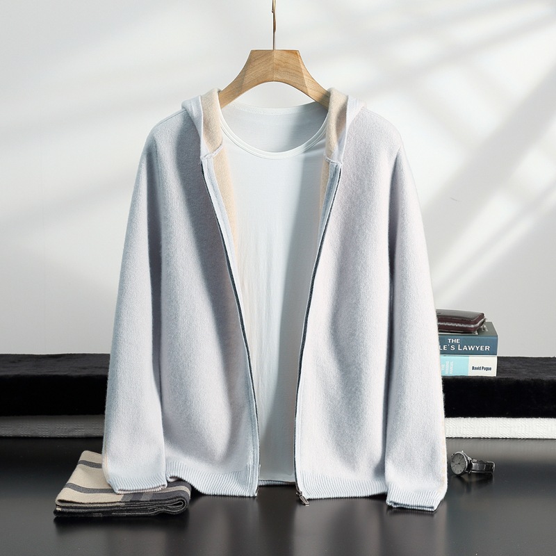 空气层加厚山羊绒衫男连帽开衫时尚休闲针织羊毛外套上衣跨境