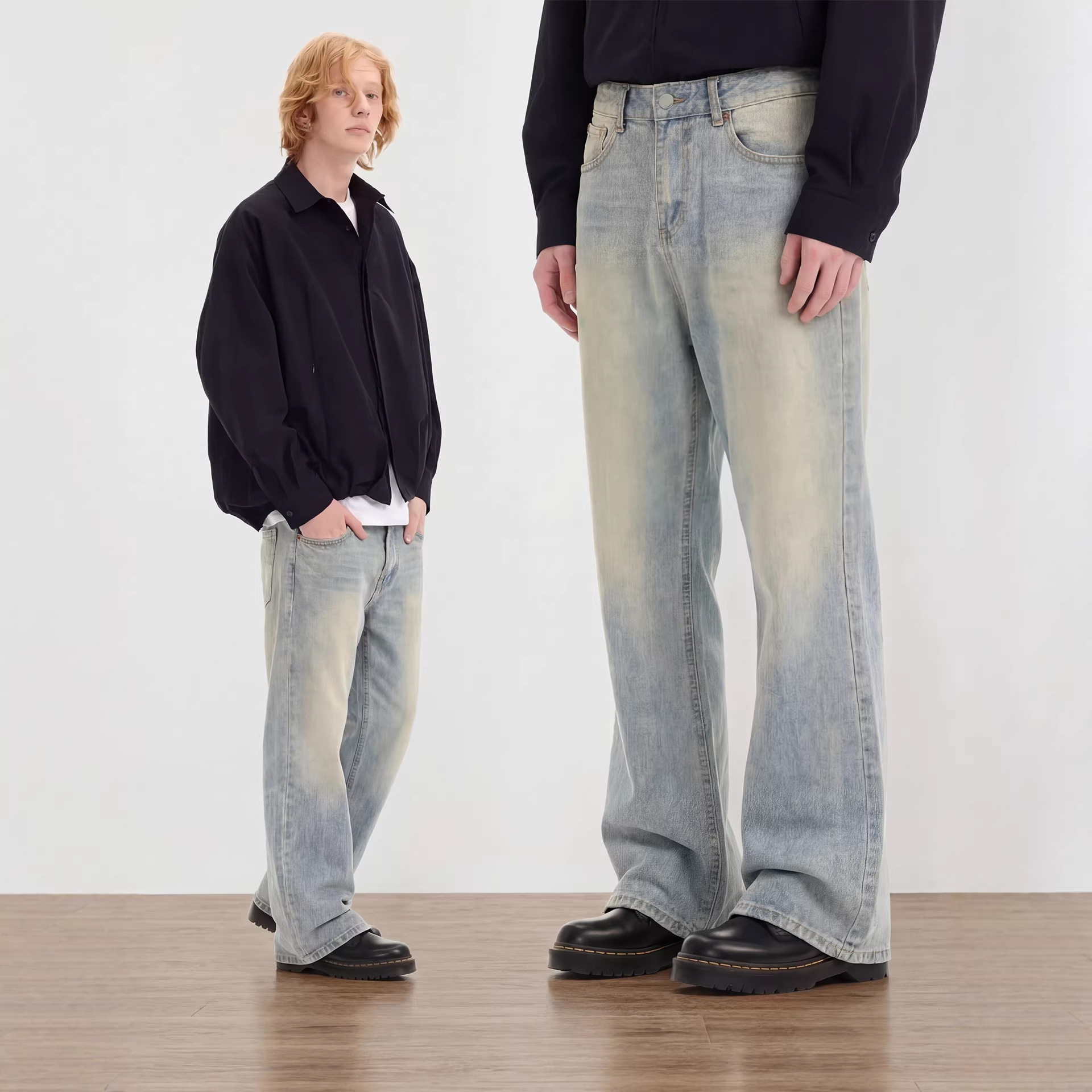 RDT男装|cleanfit水洗做旧复古冰蓝奶油落色猫须抓痕微喇牛仔裤男