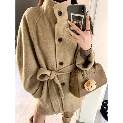 2025秋冬新款双面羊绒大衣女韩版中长款立领高冷气质外套