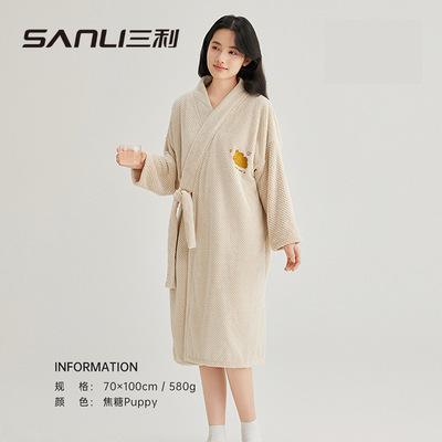 珊瑚绒浴袍女长款V领系带家居服柔软吸水速干睡袍