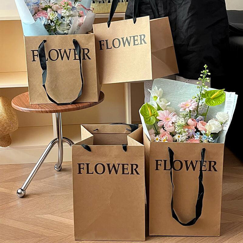 牛皮纸礼物袋花束鲜花手提袋大容量 伴手礼礼品袋包装袋结实耐用图片