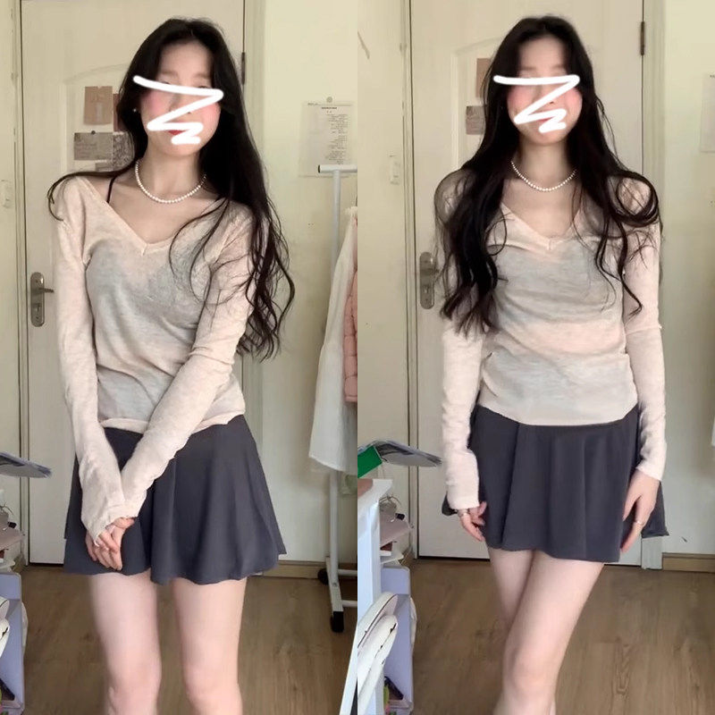 纯欲V领长袖防晒罩衫T恤女春夏2026新款韩系薄款修身显瘦气质上衣