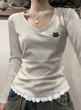 【兰与雪】韩系V领上衣女2025秋冬新款蕾丝边收腰长袖打底内搭t恤