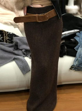 美拉德复古高腰显瘦气质针织半身裙女秋冬新款辣妹紧身包臀长裙子