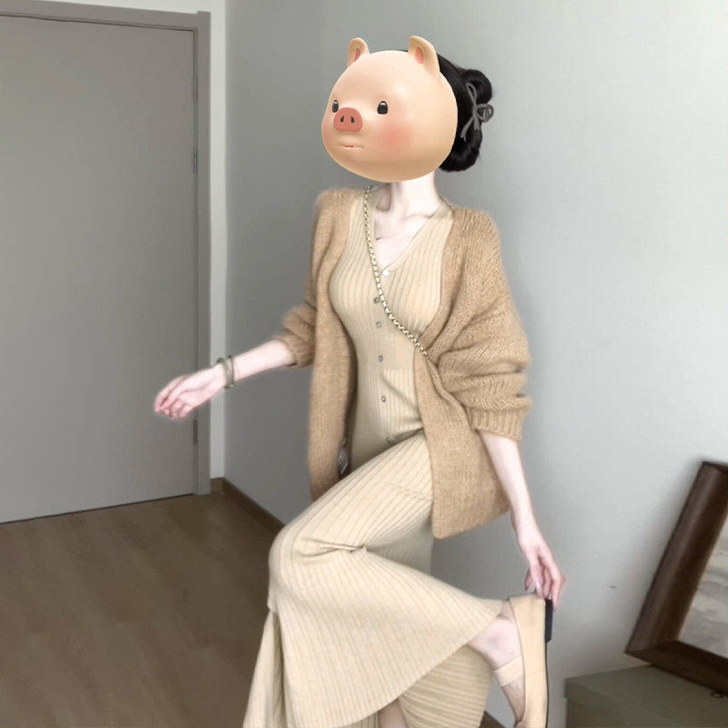 早春法式针织包臀连衣裙两件套