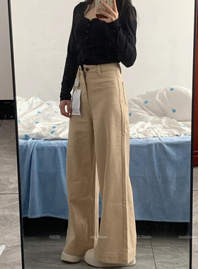 卡其色新复古小个子牛仔裤女2025秋冬新款高腰显瘦宽松阔腿微辣裤