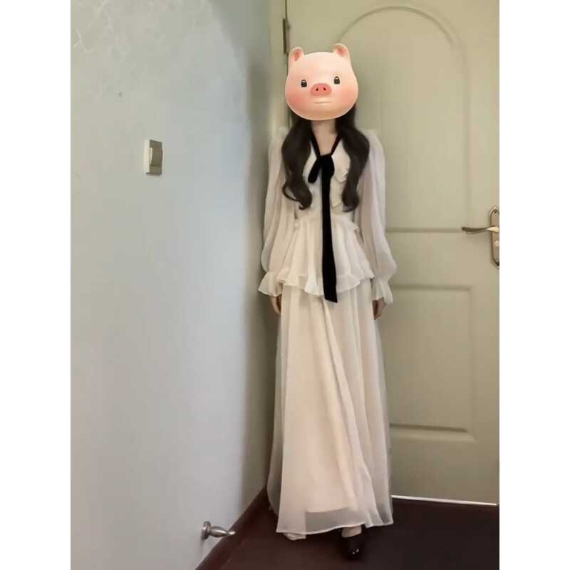 兰与雪法式V领荷叶边秋冬连衣裙