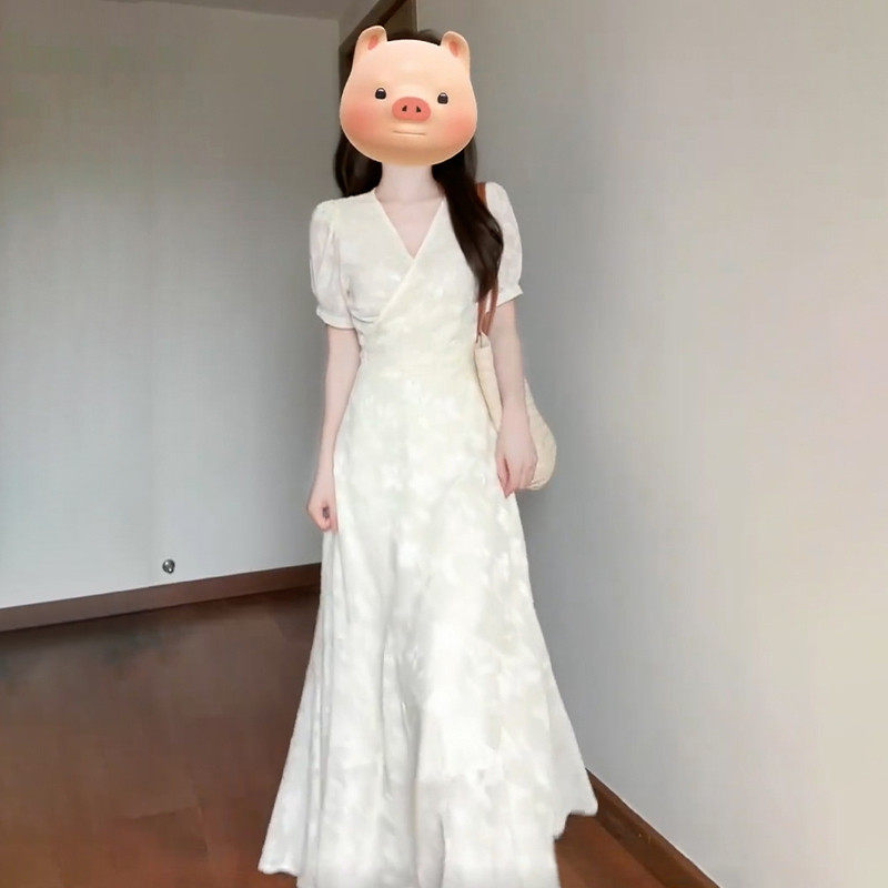 法式V领印花收腰显瘦连衣裙春季