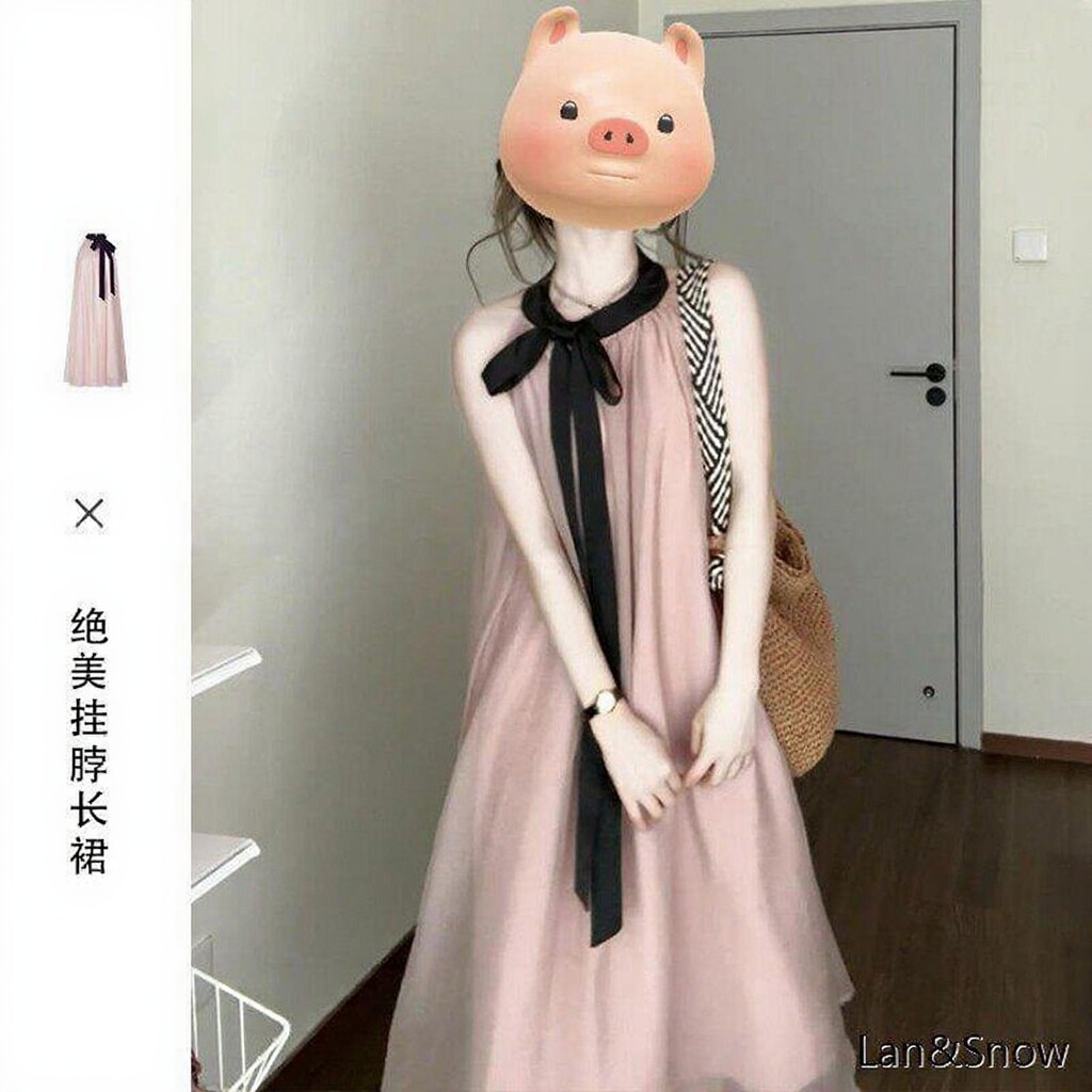 粉色挂脖吊带度假连衣长裙新款