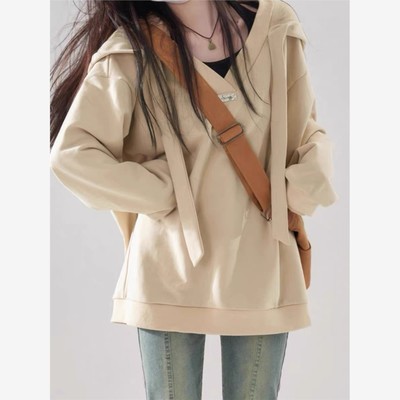 大码美式慵懒风休闲卡其色卫衣女