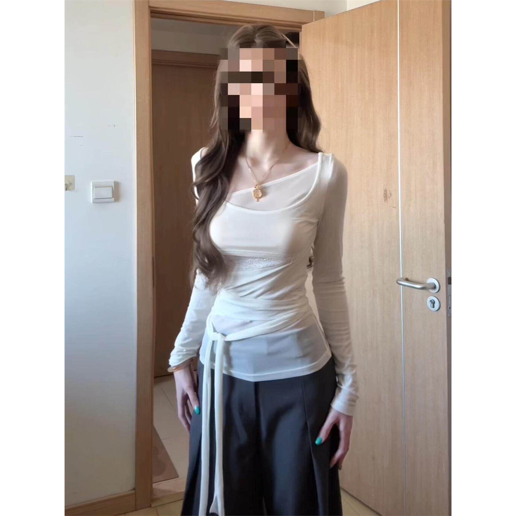 2026新款设计感绑带白色显瘦长袖T恤女早春季韩系不规则修身上衣