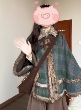 披肩斗篷毛呢外套女冬季大码胖mm宽松高级感覆古加厚格纹呢子大衣