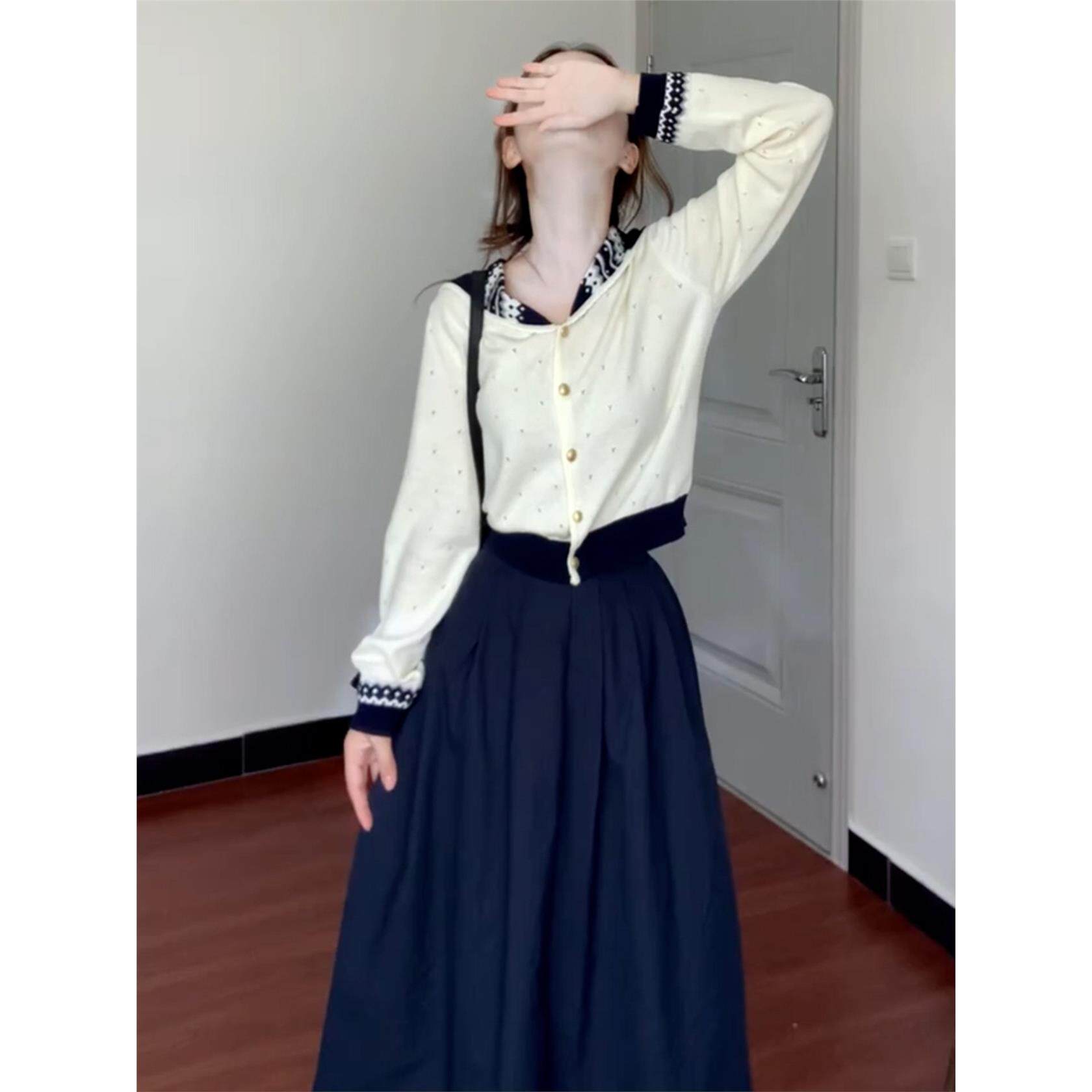 2026新款早春学院风海军领针织开衫搭配半身裙两件套小个子连衣裙