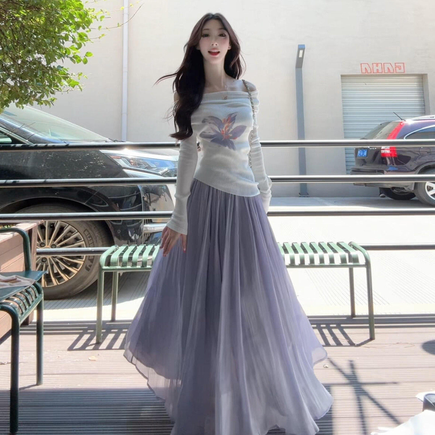 韩系氛围感紫色显瘦连衣裙子女春季2026新款一字肩针织衫套装长裙