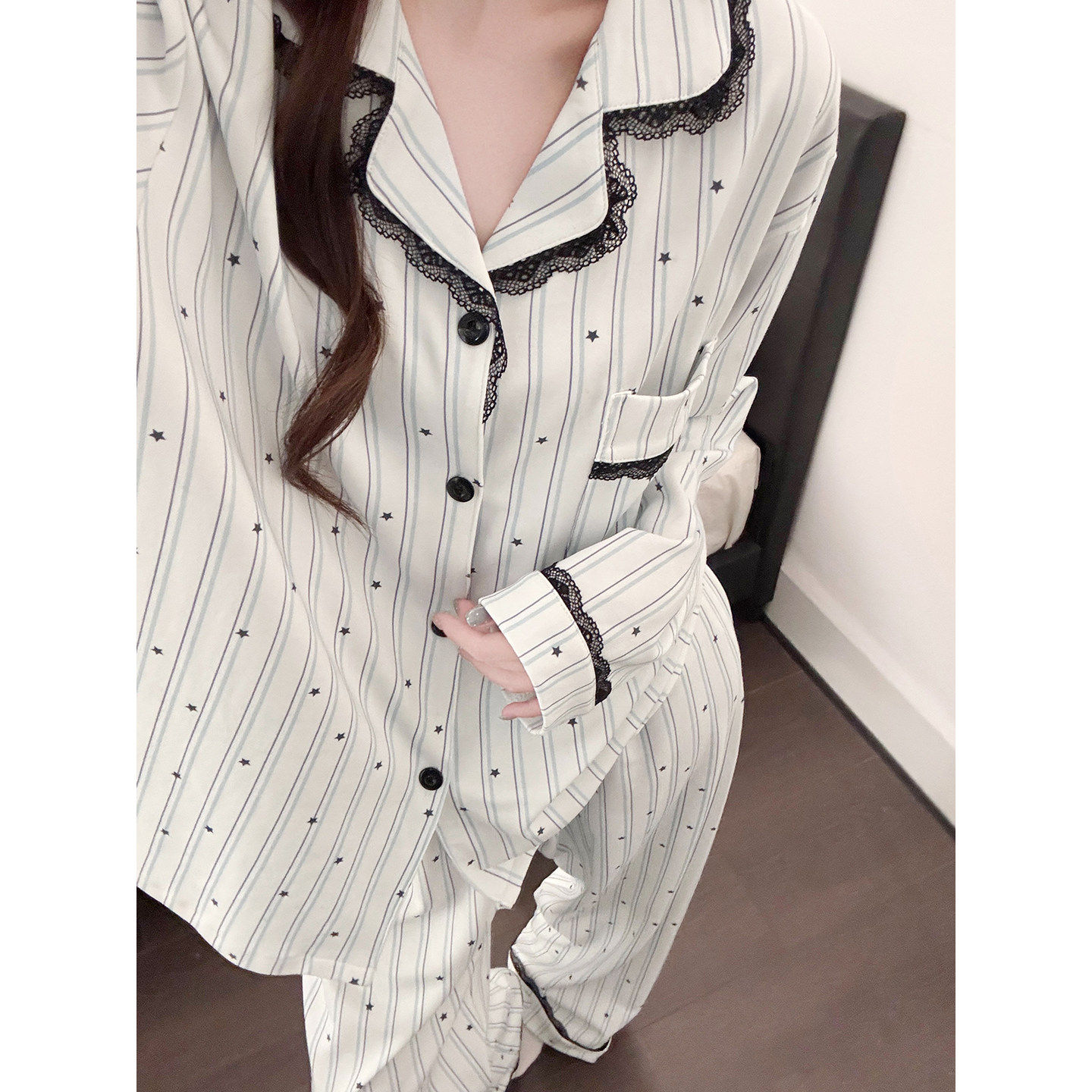 冰丝撞色条纹蕾丝女睡衣套装