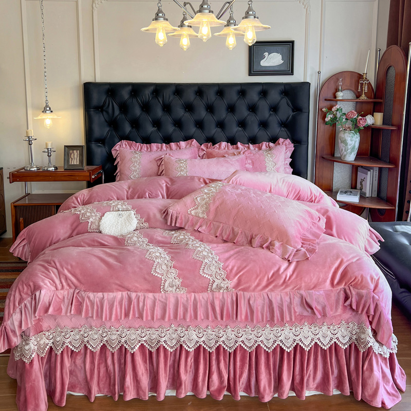 法式高端宝宝绒床盖四件套舒适新款牛奶绒加厚床单三件套冬天床裙