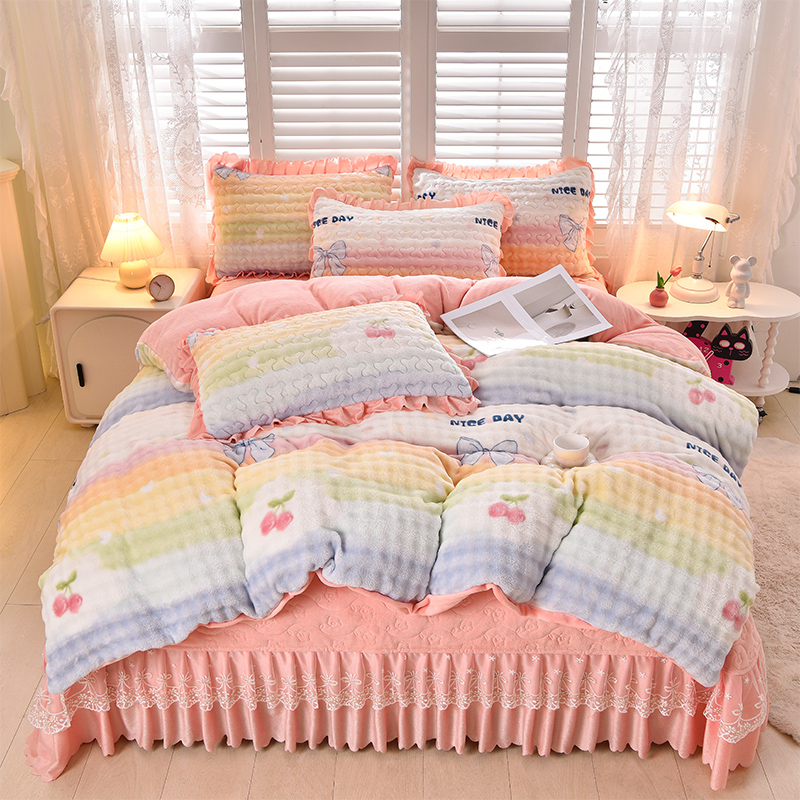 舒适新款牛奶绒加厚蕾丝花边夹棉床盖床裙单件四件套被套韩版床罩