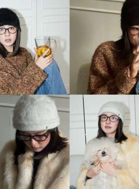 JOJOKUR 苏力羊驼毛拉毛工艺长绒渔夫帽毛茸茸厚款冷帽秋冬针织帽