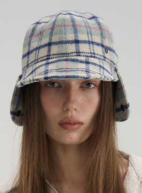 JOJOKUR 机能美学蓝色大格纹帽可翻折结构多场景秋冬小雷锋帽子