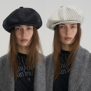 黑色初剪绵羊毛秋冬新品 JOJOKUR 热销大八角报童帽新色灰白条纹