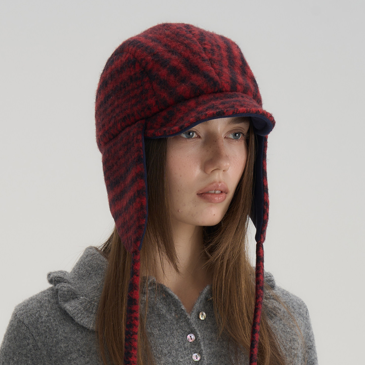 JOJOKUR 朱红格纹雷锋帽进口初剪羊毛面料复古爆款廓形保暖护耳帽,服饰配件/皮带/帽子/围巾,帽子,淘宝优惠券,粉丝福利购,淘宝优惠卷