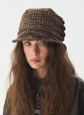 JOJOKUR 进口羊毛面料暖褐杂花色纽扣帽秋冬季显脸小渔夫帽