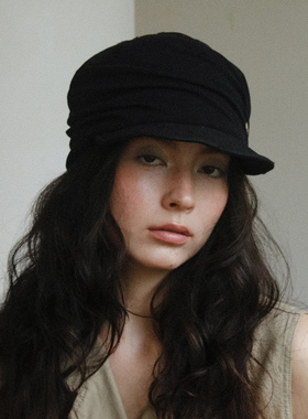 JOJOKUR 小众设计夏季新款黑色拼接褶皱报童帽_百搭复古显脸小