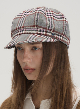 JOJOKUR 小众设计师品牌建筑感线条报童帽灰色红格进口面料画家帽