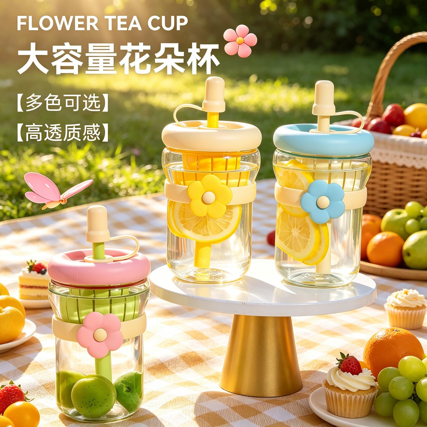 花朵杯玻璃可爱水杯带吸管伴手礼图片