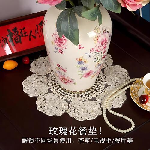 玫瑰花餐垫台面吸水隔热垫咖啡机茶杯花瓶底座高级感布艺刺绣桌垫