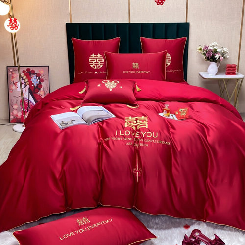 婚庆四件套大红简约刺o绣结婚房嫁礼喜庆被套床R单笠欧式床上用品