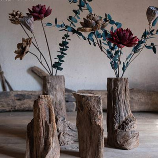 实木干花花瓶复古民宿装 禅意中式 饰花束茶道桌面摆件天然枯木花器
