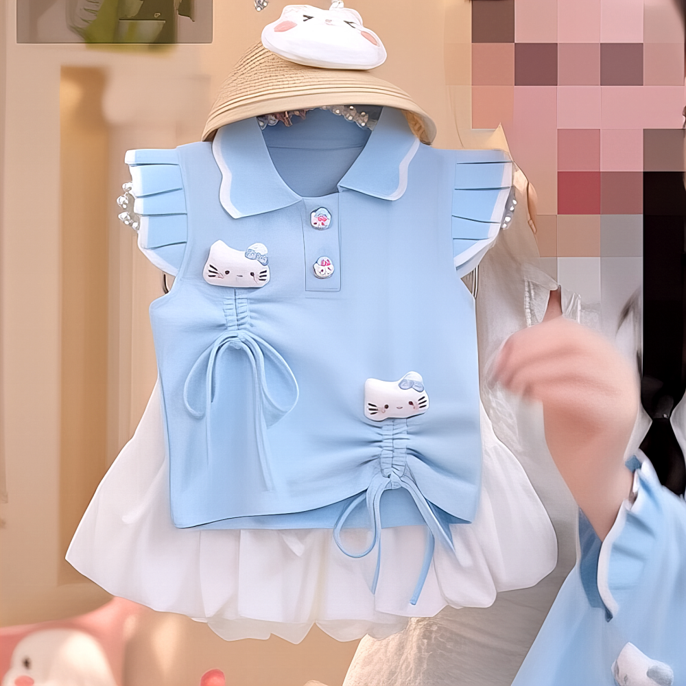 童绳小兔polo系列套装夏季女宝儿童装女泡泡袖蓝翻领洋气抽