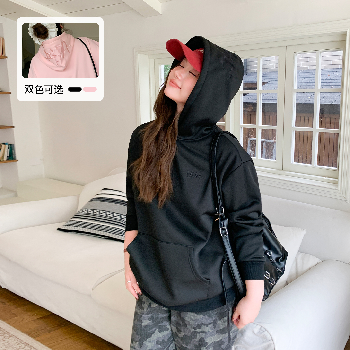 YUZI鱼子连帽卫衣女休闲慵懒风