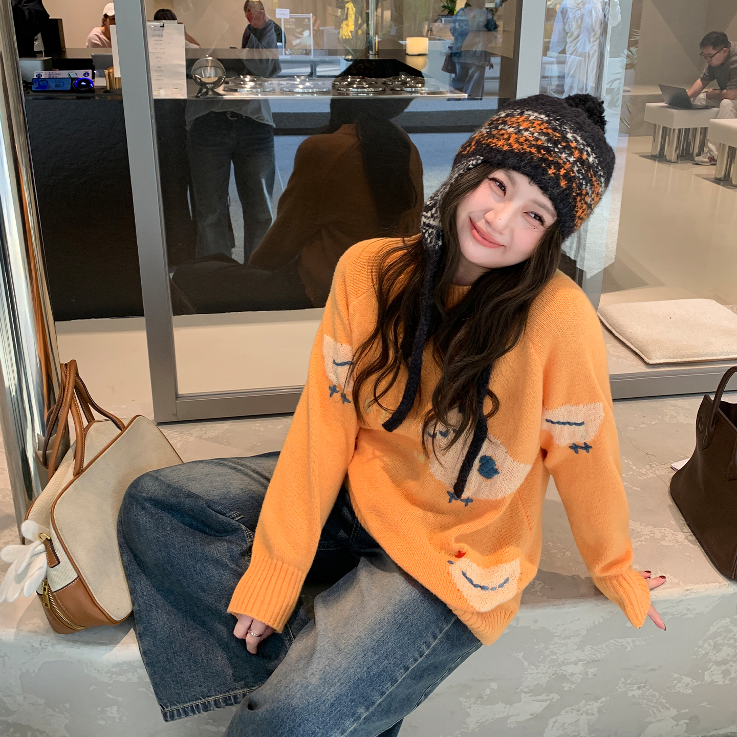 YUZI立体小鸡刺绣毛衣橘色大码女