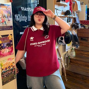 YUZI鱼子美式 夏微胖mm显瘦遮肉200斤字母印花 复古运动T恤大码 女装